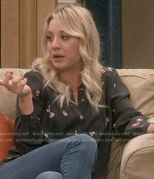 Penny's black butterfly print blouse on The Big Bang Theory
