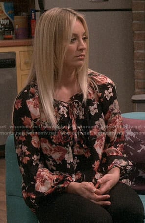 Penny’s black and pink  floral blouse on The Big Bang Theory