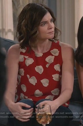 Heather’s red sleeveless floral print top on Life in Pieces