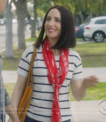 Jen’s white striped tee and red skull print scarf on Life in Pieces