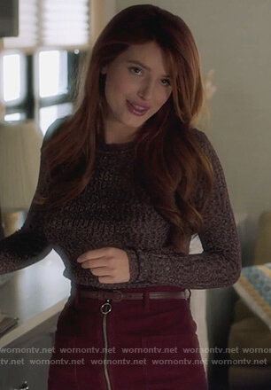 Paige’s red zip front skirt on Famous in Love