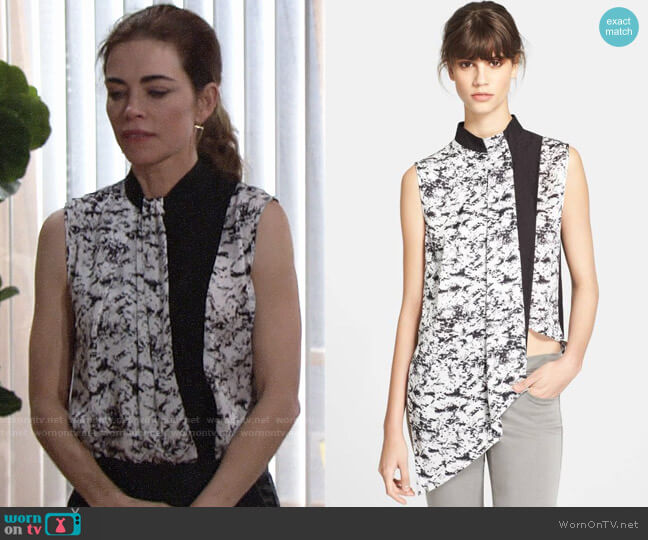 Robert Rodriguez Graphic Overlay Asymmetrical Blouse worn by Victoria Newman (Amelia Heinle) on The Young & the Restless