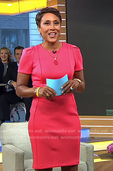 Robin’s pink puff shoulder sheath dress on Good Morning America