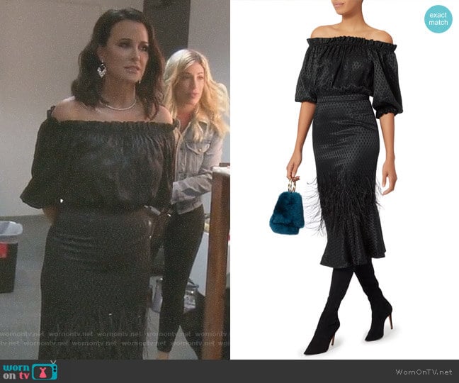 Feather-Detailed Off Shoulder Dress by Saloni worn by Kyle Richards on The Real Housewives of Beverly Hills