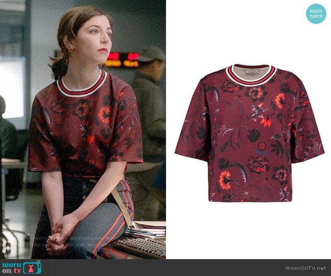 Sandro Ribbed Knit-Trimmed Printed Scuba-Knit Top worn by Cable McCrory (Annabelle Attanasio) on Bull