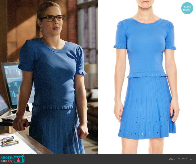 Sandro Quincy Top and Izzy Skirt worn by Felicity Smoak (Emily Bett Rickards) on Arrow