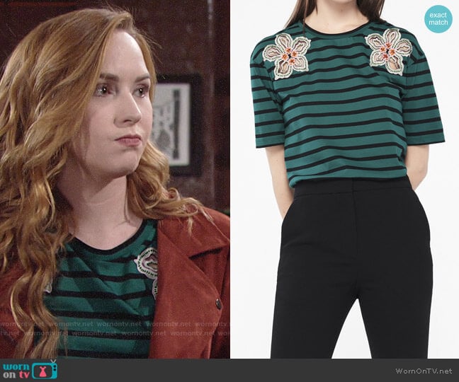 Sandro T-Shirt With Stripes And Flower Patches worn by Mariah Copeland (Camryn Grimes) on The Young and the Restless