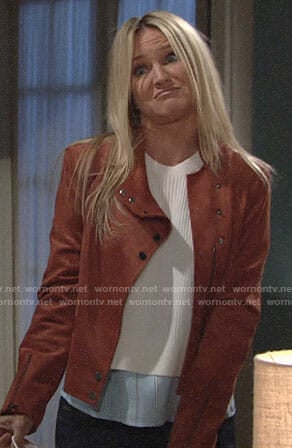 Sharon’s tan suede jacket on The Young and the Restless