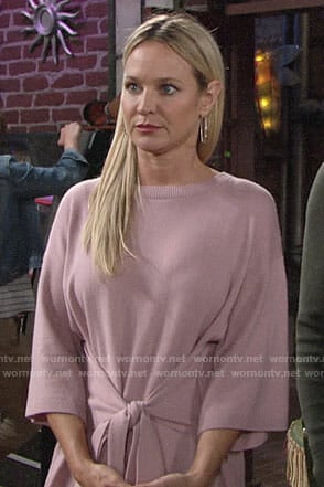 Sharon’s pink tie-waist sweater dress on The Young and the Restless