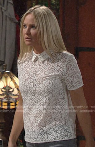 Sharon's white lace top with studded collar on The Young and the Restless