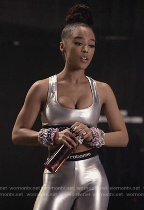 Tiana's silver Paco Rabanne bra and leggings on Empire