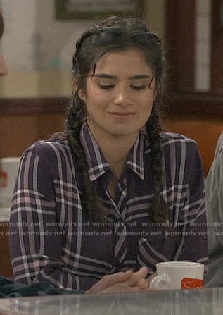 Sofia's navy and pink plaid shirt on Superior Donuts