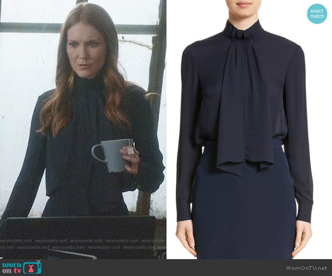 Scarf Neck Tie Blouson Sleeve Blouse by St John Collection worn by Abby Whelan (Darby Stanchfield) on Scandal