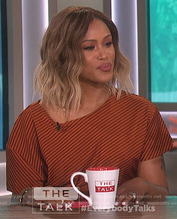 Eve’s brown striped ruched dress on The Talk