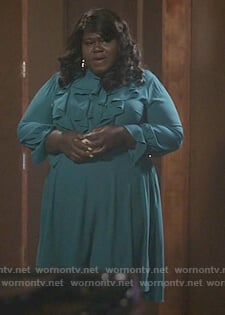 Becky’s teal front ruffle long sleeve dress on Empire