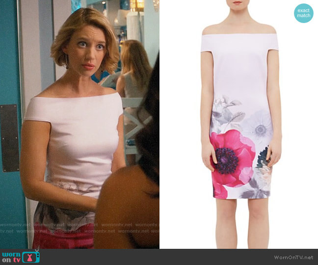 Ted Baker Wiyea Neon Poppy Off-the-Shoulder Dress worn by Petra Solano (Yael Grobglas) on Jane the Virgin