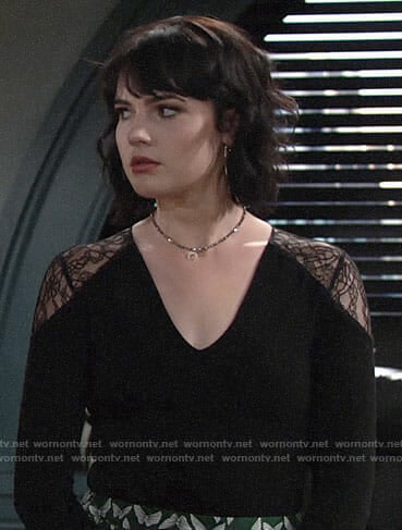 Tessa’s lace shoulder top and green butterfly print pants on The Young and the Restless