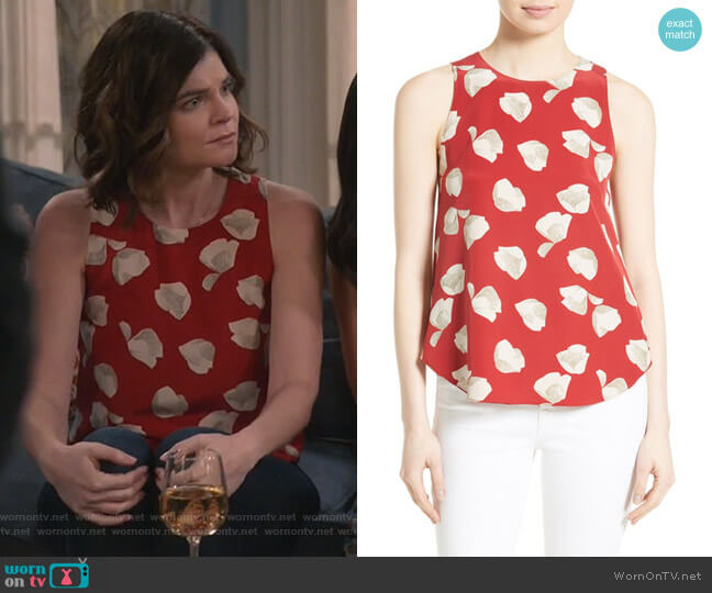 Zabetha Harper Print Silk Top by Theory worn by Heather Hughes (Betsy Brandt) on Life in Pieces