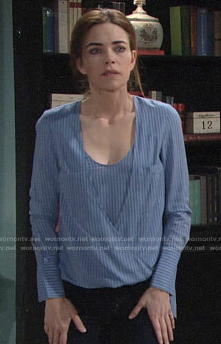 Victoria’s blue striped wrap blouse on The Young and the Restless