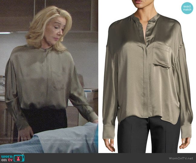 Vince Single-Pocket Button-Front Satin Blouse worn by Nikki Reed Newman (Melody Thomas-Scott) on The Young and the Restless