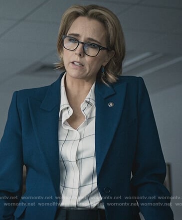 Elizabeth’s white checked blouse on Madam Secretary