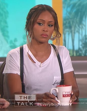 Eve's white distressed bisou bisou tee on The Talk