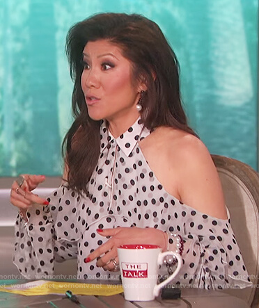 Julie’s white polka dot cold shoulder top on The Talk