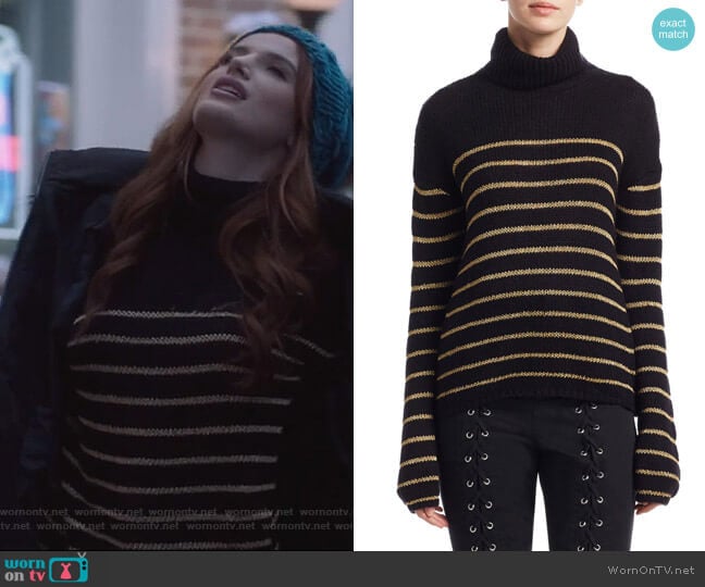 Elisa Metallic Stripe Turtleneck Sweater by ALC worn by Paige Townsen (Bella Thorne) on Famous in Love