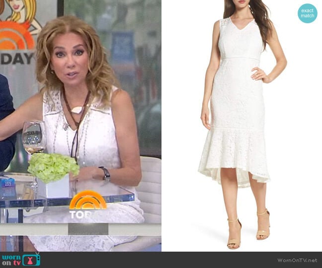 Cynthia Lace Flounce Hem Sheath Dress by Adrianna Papell worn by Kathie Lee Gifford on Today