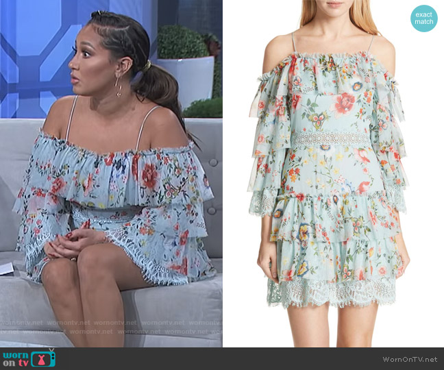 Santos Off the Shoulder Tiered Silk Dress by Alice + Olivia worn by Adrienne Houghton on The Real