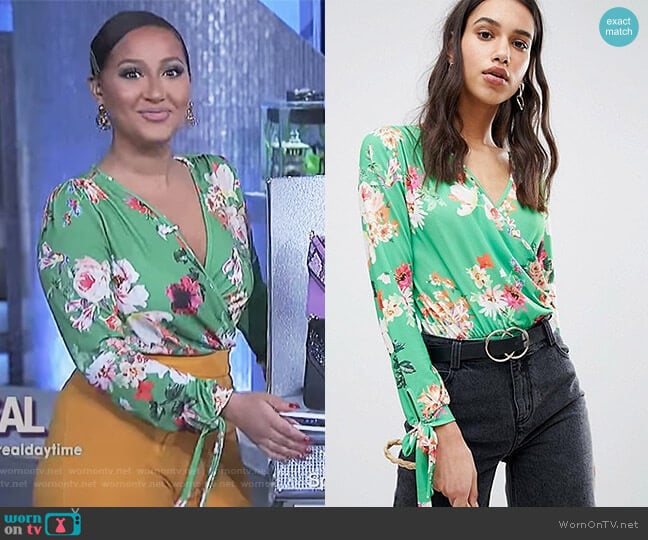 Long Sleeve Tie Cuff Wrap Daywear Body in Floral Print by Asos worn by Adrienne Houghton on The Real