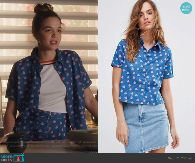 Noisy May Watermelon Print Denim Skater Shirt worn by Cassandra (Georgie Flores) on Famous in Love