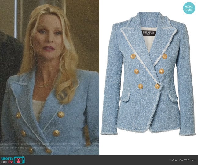 Double-Breasted Bouclé-Tweed blazer by Balmain worn by Alexis Carrington (Elaine Hendrix) on Dynasty