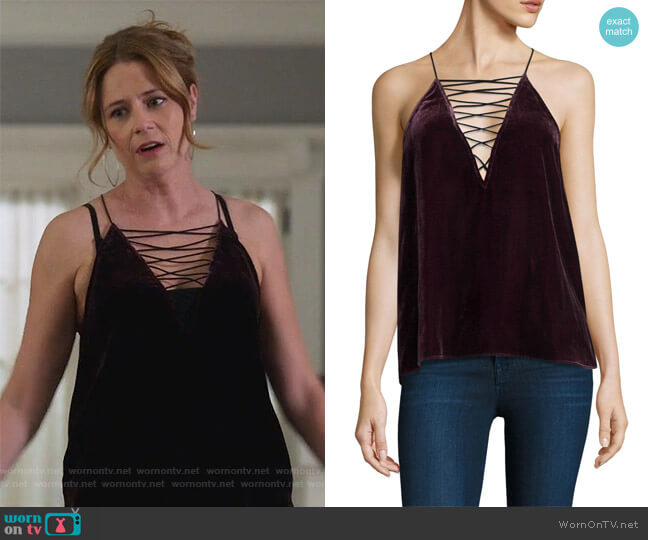 Camilla Velvet Camisole by Cami NYC worn by Lena (Jenna Fischer) on Splitting Up Together