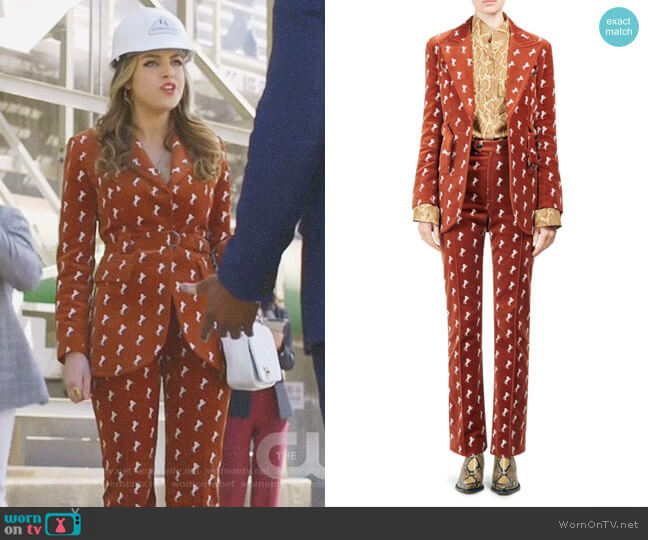 Horse Embroidered Velvet Riding Jacket and pants by Chloe worn by Fallon Carrington (Elizabeth Gillies) on Dynasty