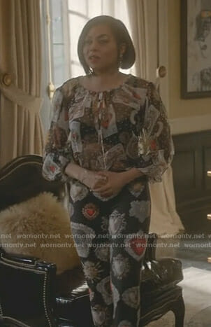 Cookie's black card print blouse and printed leggings on Empire