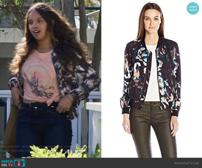 Cornucopia Drape Bomber Jacket by French Connection worn by Jessica Davis (Alisha Boe) on 13 Reasons Why