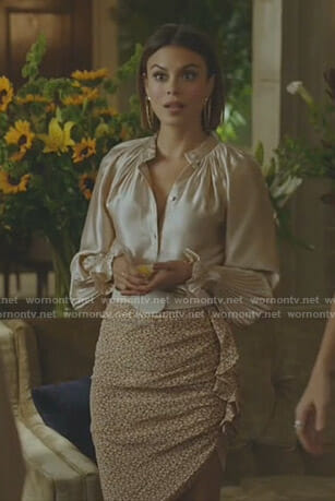 Cristal's pleated satin blouse and ruched side skirt on Dynasty