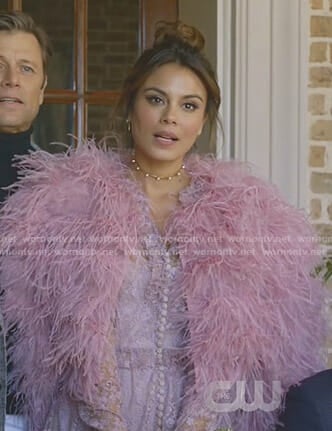 Cristal's pink lace dress and feather jacket on Dynasty