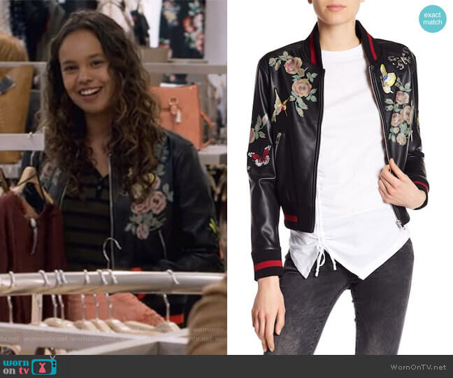 Patch and Print Detailed Faux Leather Bomber Jacket by Dex worn by Jessica Davis (Alisha Boe) on 13 Reasons Why