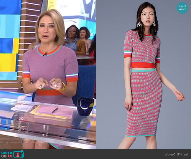 Short-Sleeve Cropped Crew Neck Sweater and Pencil Skirt by Diane von Furstenberg worn by Amy Robach on Good Morning America