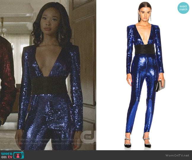 Cummerbund Jumpsuit by Dundas worn by Monica Colby (Wakeema Hollis) on Dynasty