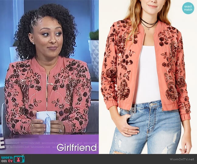 Embellished Bomber Jacket by Endless Rose worn by Tamera Mowry on The Real