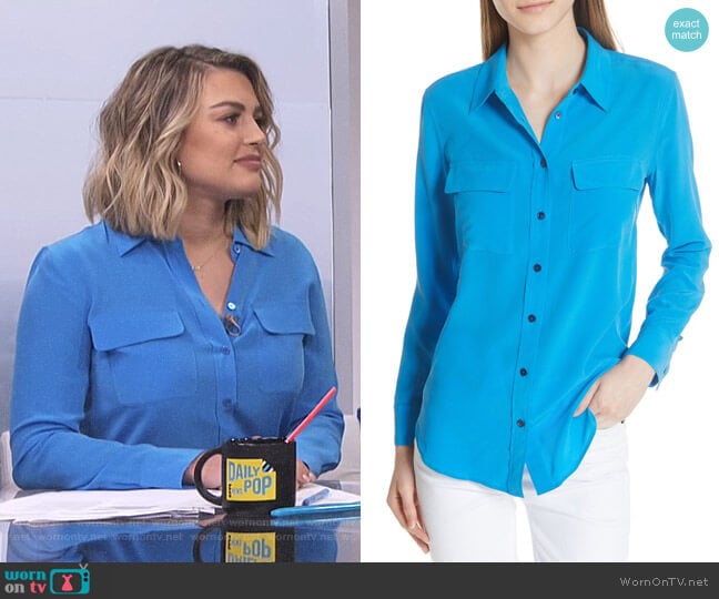 Slim Signature Silk Shirt in Brilliant Blue by Equipment worn by Carissa Loethen Culiner on E! News