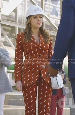 Fallon’s brown velvet horse-embroidered suit on Dynasty