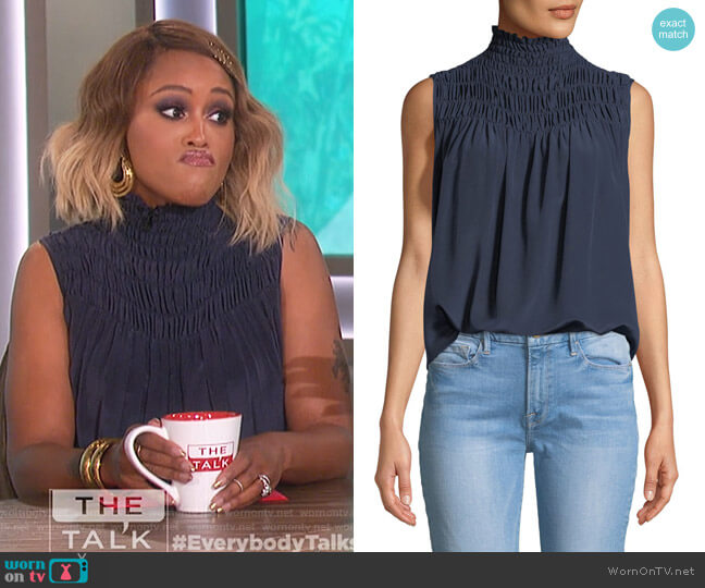 Smocked Sleeveless Silk Blouse by Frame worn by Eve on The Talk