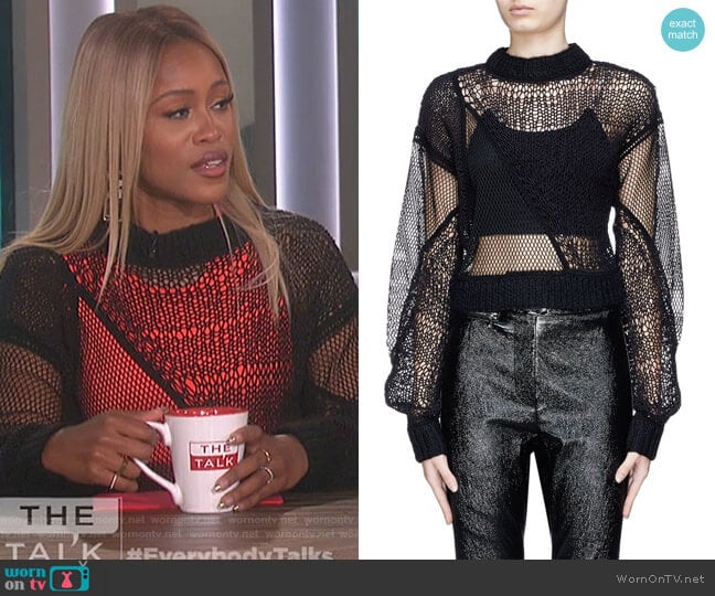 Siouxie Fishnet Knit Patchwork Cropped Sweater by Helmut Lang worn by Eve on The Talk