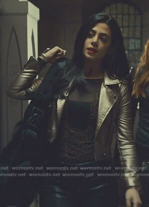 Isabelle's lace bodysuit and metallic moto jacket on Shadowhunters