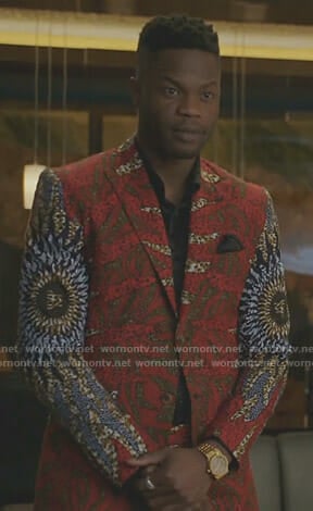 Jeff's red african print suit on Dynasty