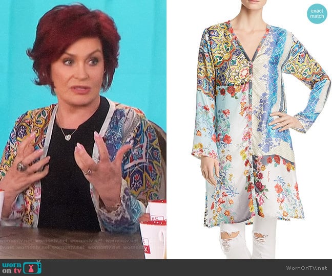 Witteau Patchwork-Print Silk Cardigan by Johnny Was worn by Sharon Osbourne on The Talk